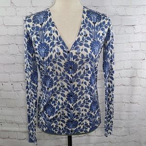 Tory Burch Blue Floral Silk V-Neck Cardigan